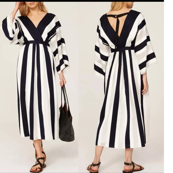 ADAM LIPPES COLLECTIVE Black White Striped Kimono Stripe Sleeve Dress Size 8 - Picture 2 of 9